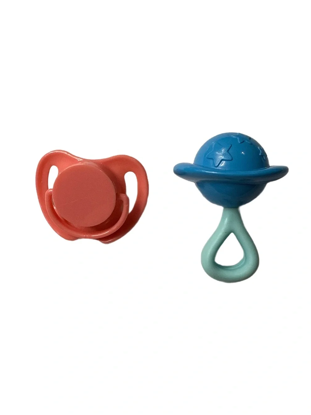 Baby Pacifier and Rattle Set - Coral and Blue